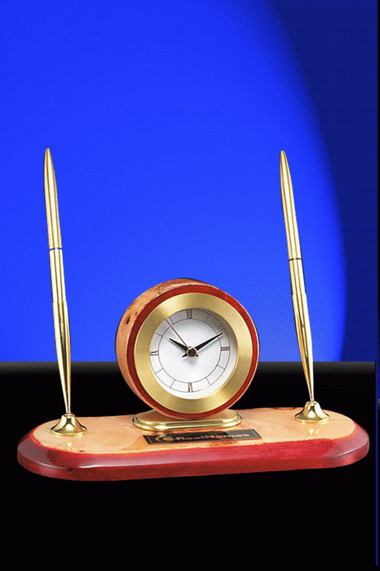 Clock & 2 Pens, Burlwood and Rosewood Set – 8” w - Click Image to Close